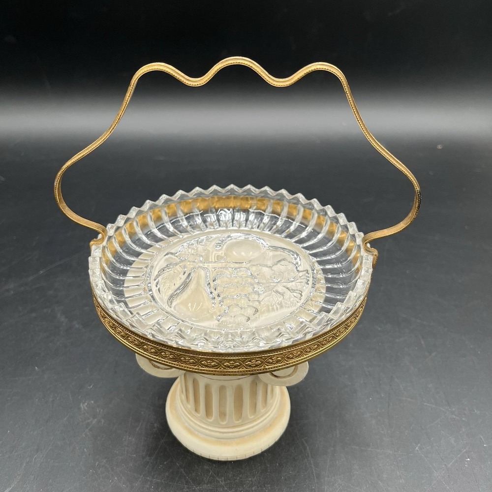VTG Glass Serving Dish Brass Handle Embossed Pears Grapes Leaves Can Be Ashtray